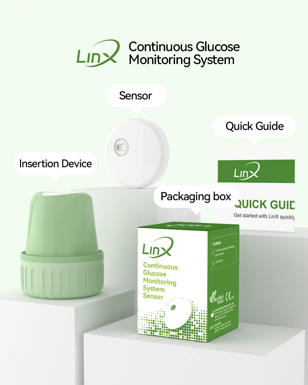 MicroTech LinX CGM 2 Sensors Continuous Glucose Monitor No Finger Pricking Blood Sugar Test 24h Real-Time 30 Days Diabetes