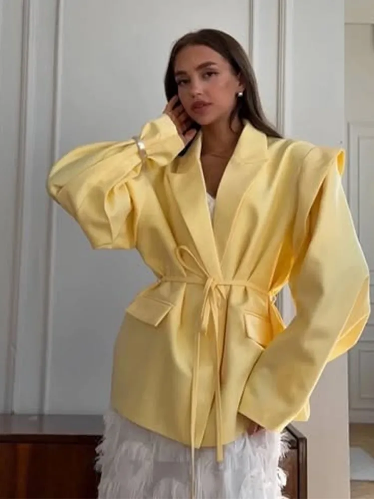 

Women Lace Up Shoulder Pad Blazer Casual Loose Long Sleeve Turn Down Collar Suit Lady Jacket 2025 Female Commute Outdoor Clothes