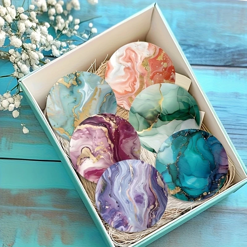 2D Colours Bright Marble Patterned Art 4in Wooden Coaster Circular Vortex Art Heat-Resistant Home Party Kitchen Gift Photo Props