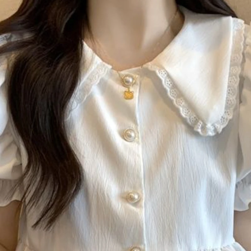 Peter Pan Collar Shirts Women Elegant Ruffles Summer Vintage Party Female Streetwear Puff Sleeve French Style Daily Aesthetic