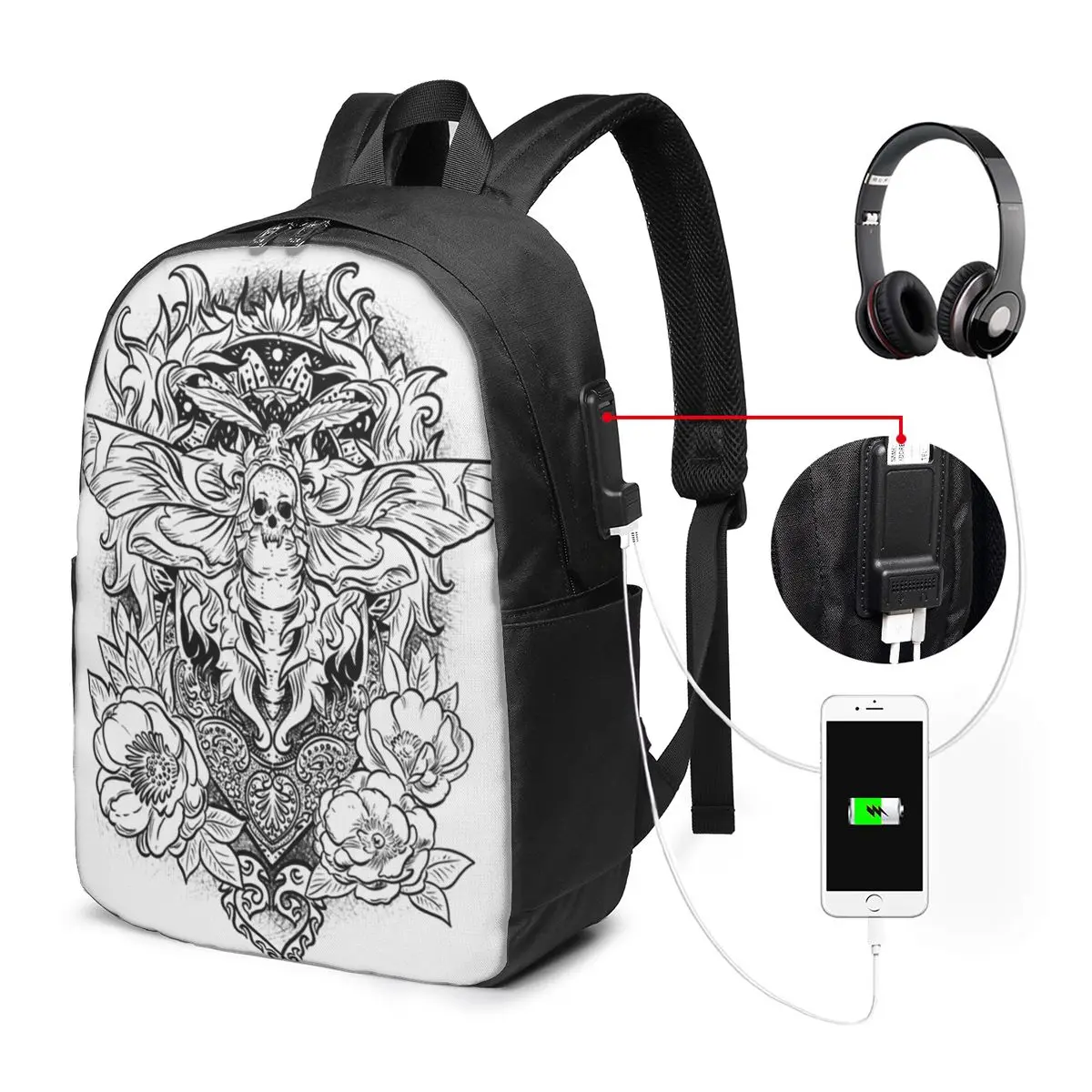 Mystical Gothic Skull Moth And Flower Backpack Travel Notebook Bag Computer College Student School Bag Laptop Shoulder Bags