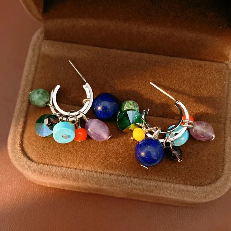 

Vintage Bohemian Multicolor Beaded C Hoop Earrings, Boho Dangle Earrings for Women Trendy Vacation Jewelry Gift