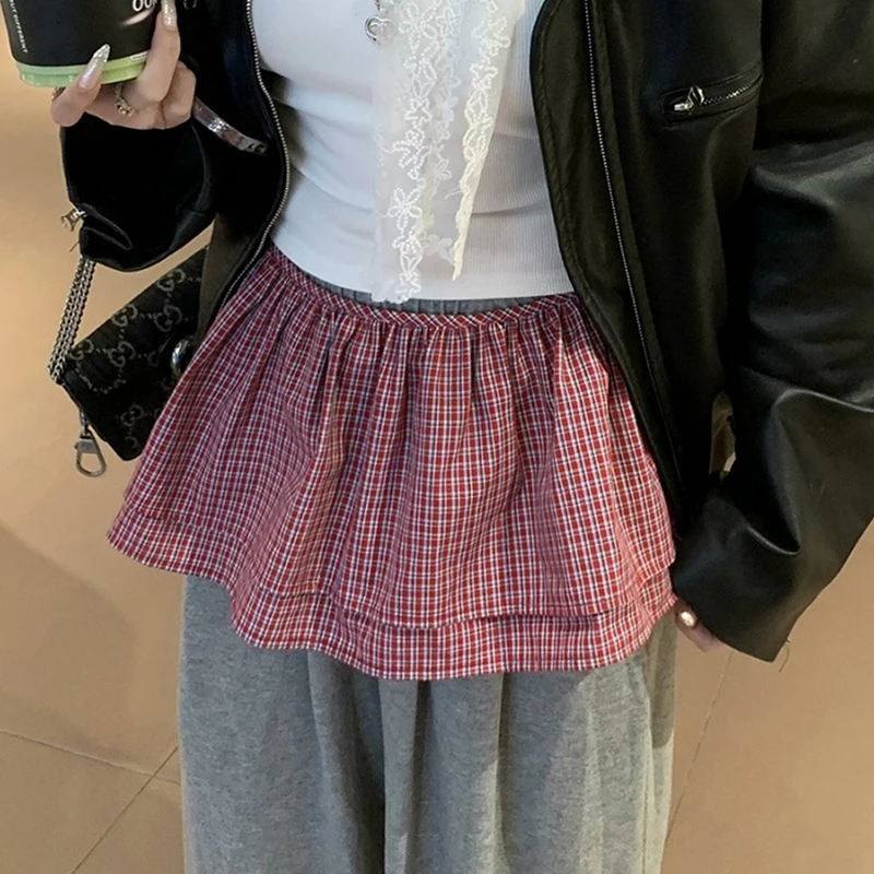 

Cotton Plaid Design Double-layer Tutu Mini Skirt Casual Literary Style Hip Cover Stacked Fart Curtain Swomen's Versatile Skirts