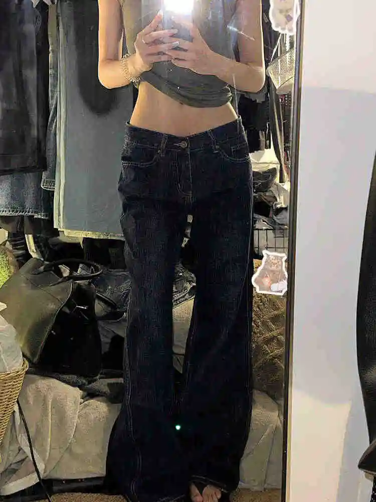 

2025 Autumn Winter Women Korean Vintage Low Rise Flare Denim Pants High Street 2000s Jeans Y2k Kpop Bell Bottom Simple Jeans New