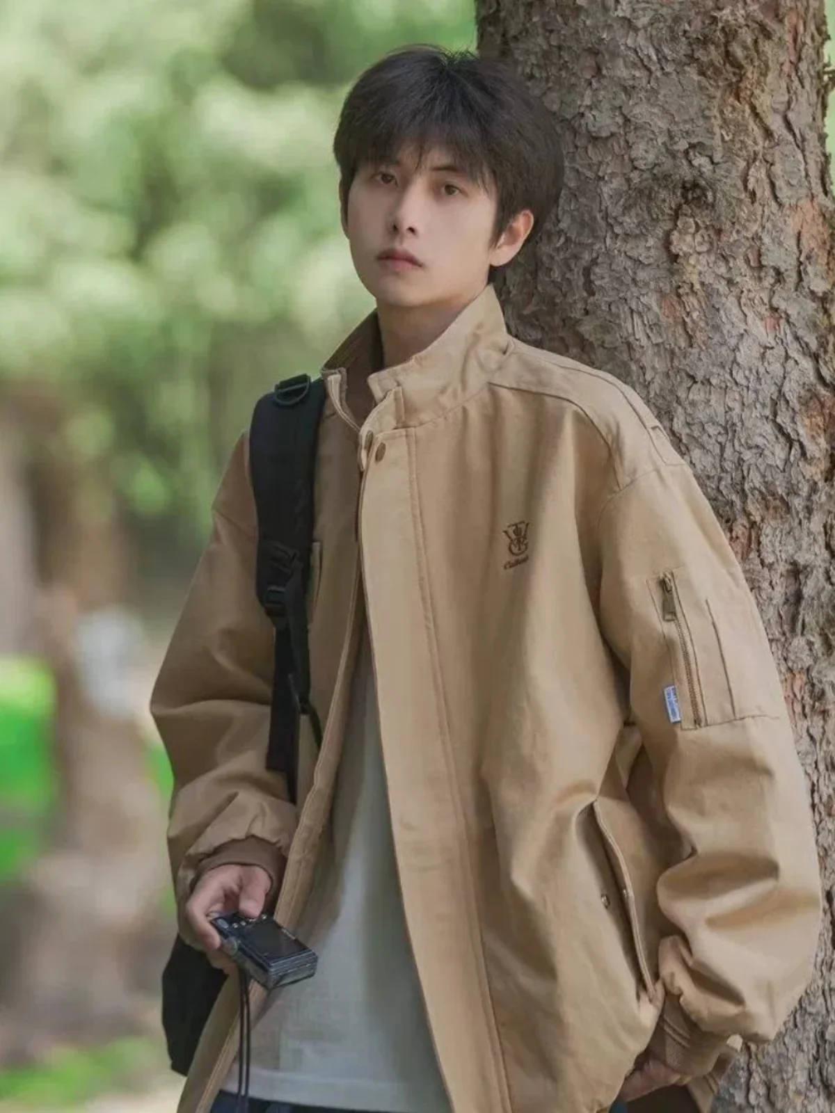 

Loose Fit Khaki Workwear Jaet for Men Spring Autumn Faion Brand Hong Kong Sle Collar Stand up Patchwork Color Coat