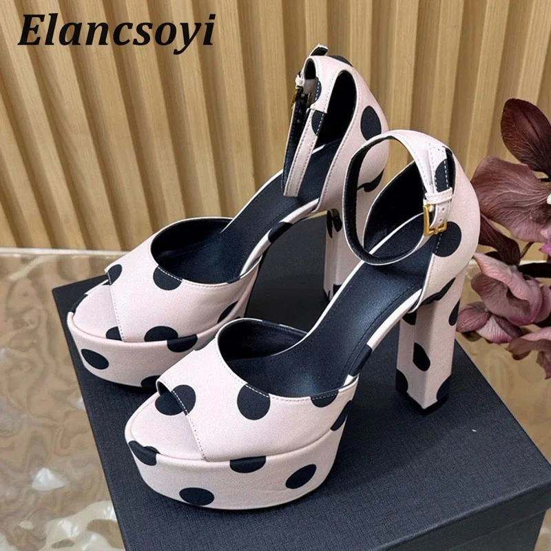Super High Heels Sandals Women's Satin Silk Polka Dot Peep Toe Chunky Heels Platform Sandalias Summer Sexy Banquet Runway Shoes