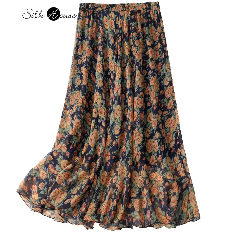 Spring/Summer New Silk Print Skirt for Women's Middle and Long Elastic Waist Shows Thin Silk A-line Large Swing Skirt Versatile