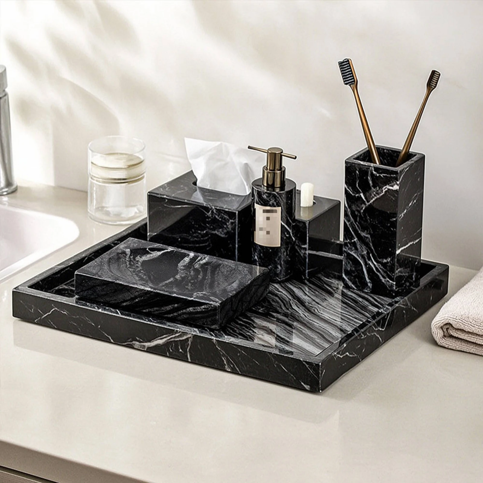 Marble-Patterned Block Modern Stone-Look Block Bathroom Accessory Minimalist Holder Compact for Vanity, Powder Room