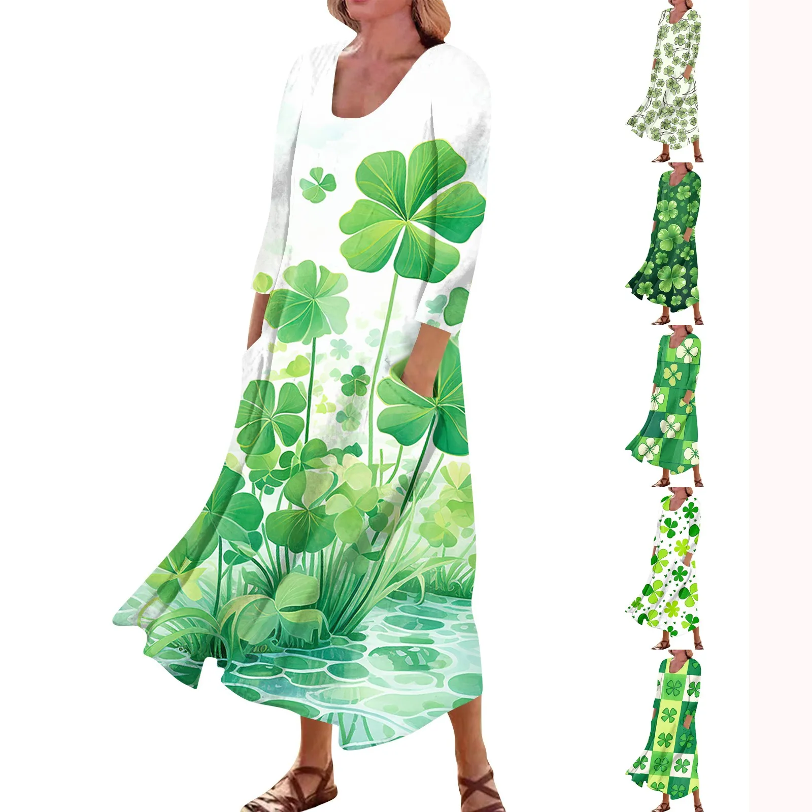 Happy St. Patricks Day Sweet Elegant Dress Women Sleeveless V Neck Dress Green Patrick Clovers Printed Dress With Pocket