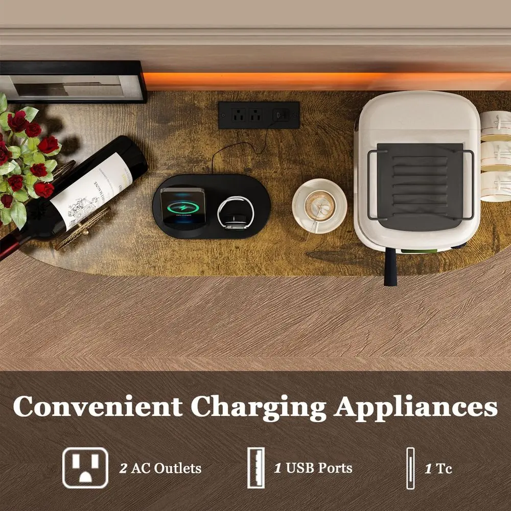 LED-Illuminated Freestanding Mini Bar with Outlets, Rustic Brown, for Kitchen & Dining, Holds Liquor, Coffee, Wine, and Glasses