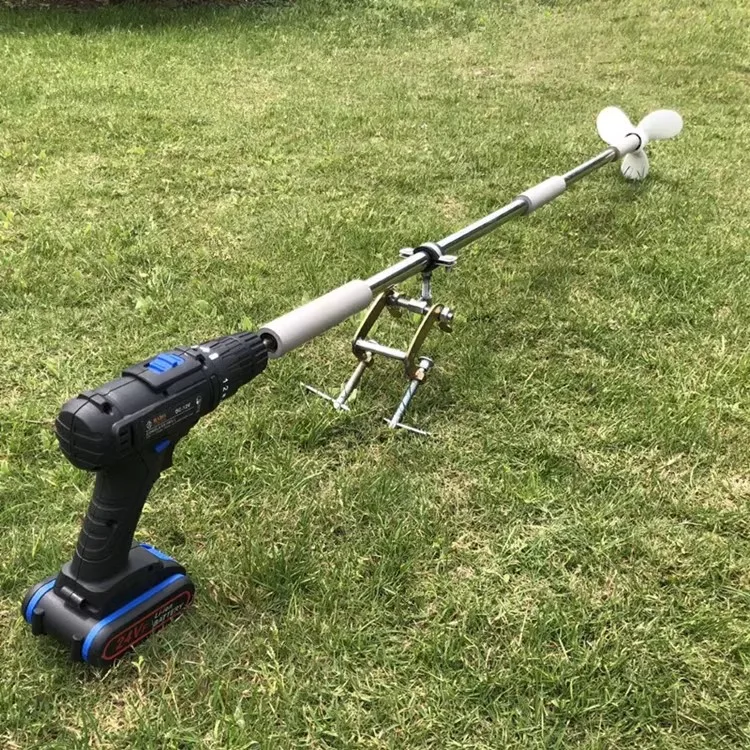 Electric drill converted outboard motor with integrated bracket and propeller, marine propulsion, suitable for kayaks and boats.