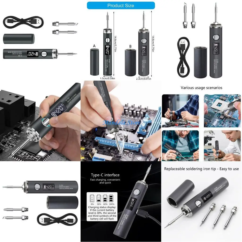 

U2JC Беспроводной мини-паяльник 8-10 Вт Мощность USB Type C Зарядка 5 Режим нагрева для ремонта электроники Батарея 850 мАч/1400