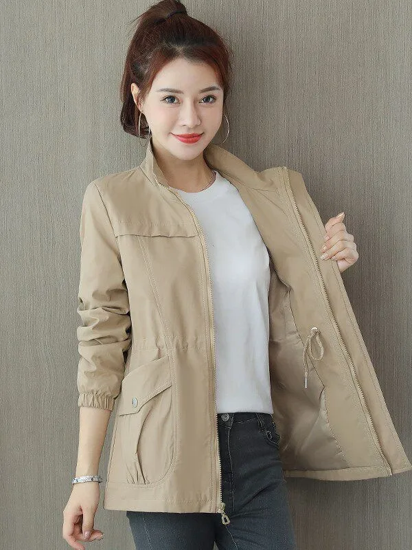 

Fashionable Casual Women's Windbreaker Jacket Loose Fit Versatile Zipper Open Cardigan Top Brand Button Detail Polyester Fiber