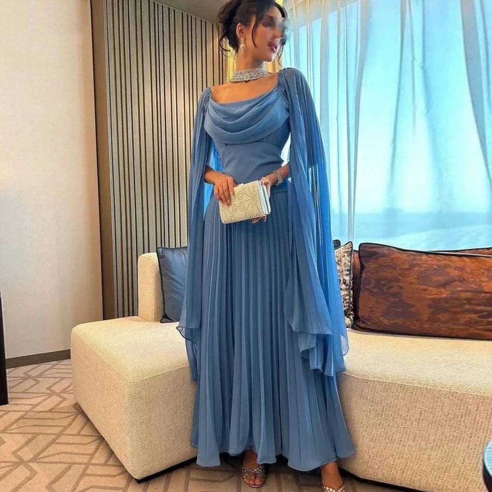 

Yipeisha Fashion Elegant Blue Chiffon Prom Dresses Long Cape Sleeves Scoop neck Pleated Ankle Floor Sleeveless Party Growns