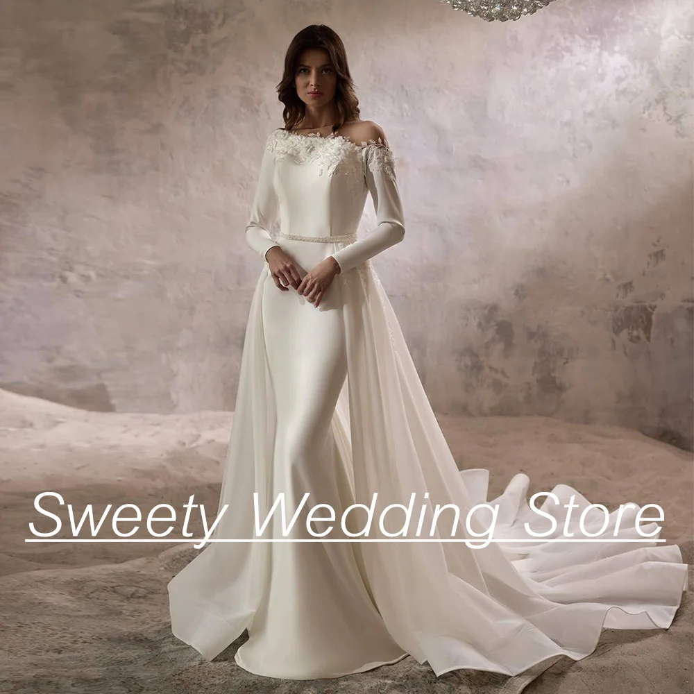 

Mermaid Wedding Dresses Arabian Bridal Gown Customized Long Sleeves Sweep Train Bride Dress with Detachable Organza Skirt