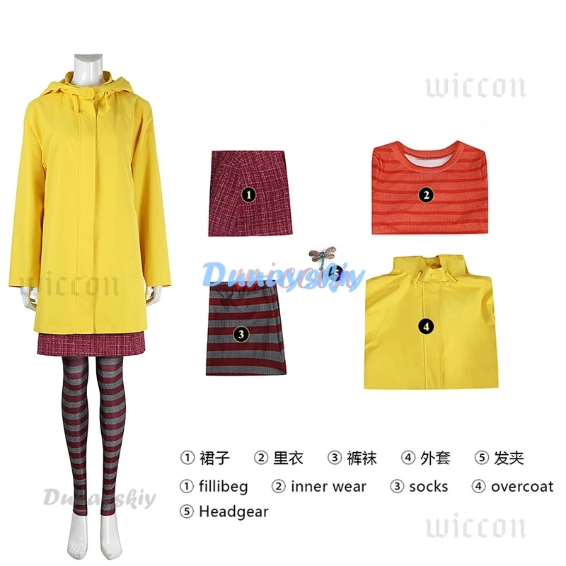 Coraline cosplay traje horror filmes de conto de fadas casaco amarelo porta secreta adulto festa de halloween assustador fantasma mãe caroline