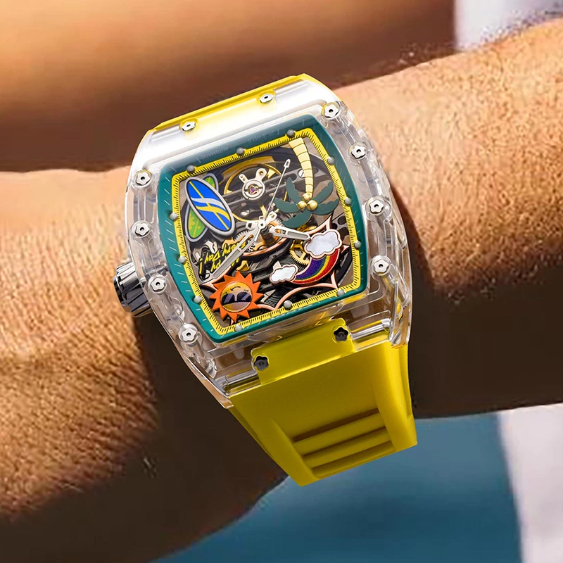 PINDU الأصلي الصيف الشاطئ موضة الرجال الساعات سيليكون حزام مقاوم للماء مضيئة الإبداعية الهاتفي العلامة التجارية الأعلى ساعة ميكانيكية الرجال