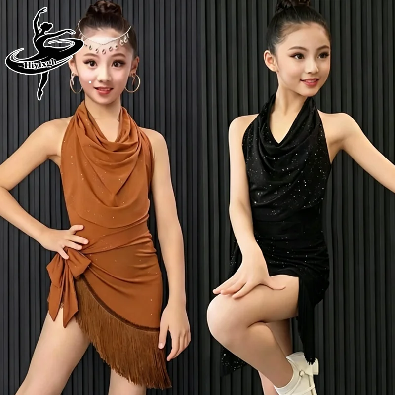 

Комплект латинских танцевальных костюмов для девочек: топ-халтер, юбка с бахромой, боди для выступлений по ча-ча-ча, румбе, джазу, сценическая танцевальная одежда