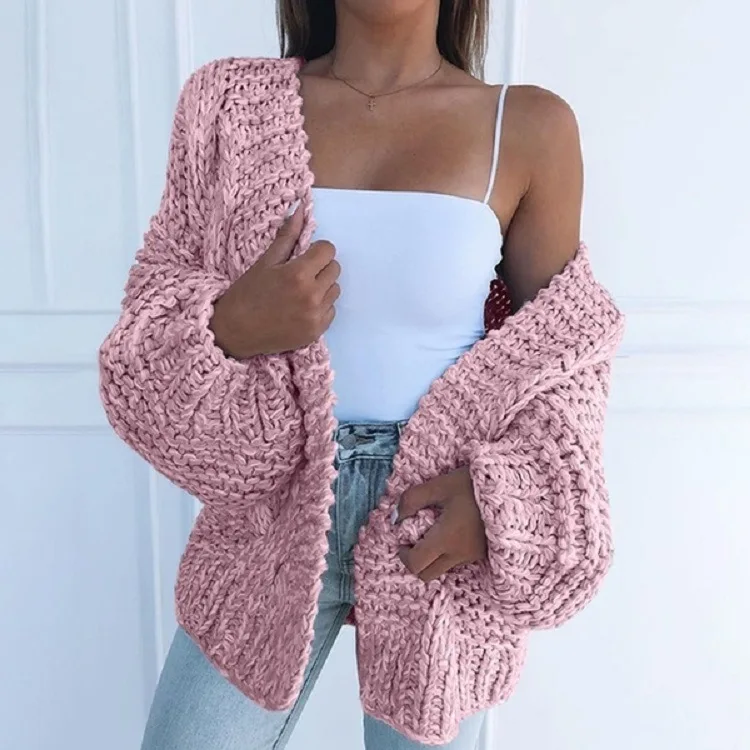 Women's cardigan knitted sweater long sleeved loose autumn and winter sweater three needle sweater