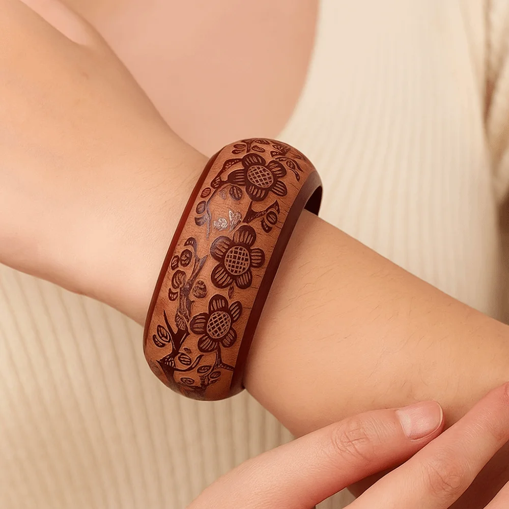 ギフトレトロ彫刻木製バングルカラフルなラウンド中国風ブレスレットワイド手作りエスニックスタイルバングル文学アクセサリー