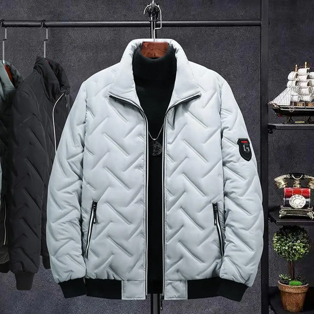 Men Cotton Padded Jacket T Pattern Stand Collar Solid Color Coldproof Pockets Coat Ribbing Bottom Pockets Jacket Streetwear