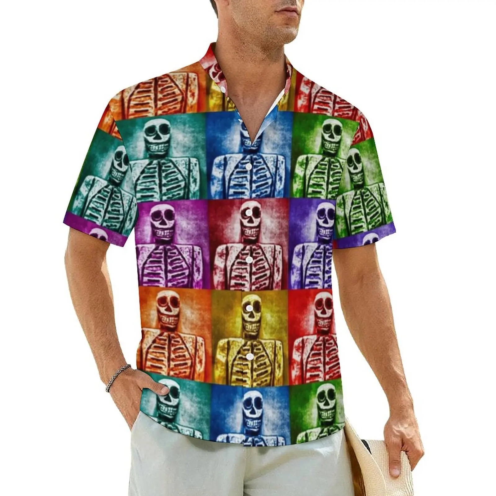 

Colorful Skeleton Casual Shirt Pop Art Print Novelty Hawaiian Shirts Men Short Sleeve Vacation Comfortable Oversized Blouses