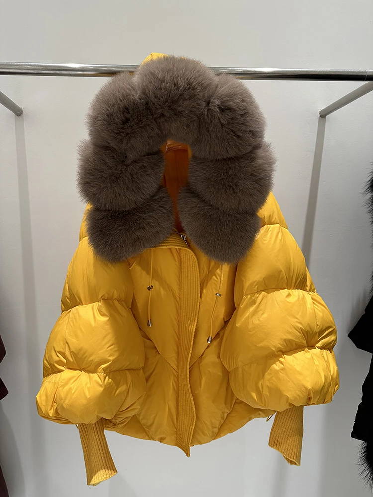 

Winter Hooded Natural Large Fur Collar Down Jacket Female Warm Quilted Lantern Sleeve Jacket Women White Duck Down Solid Outwear