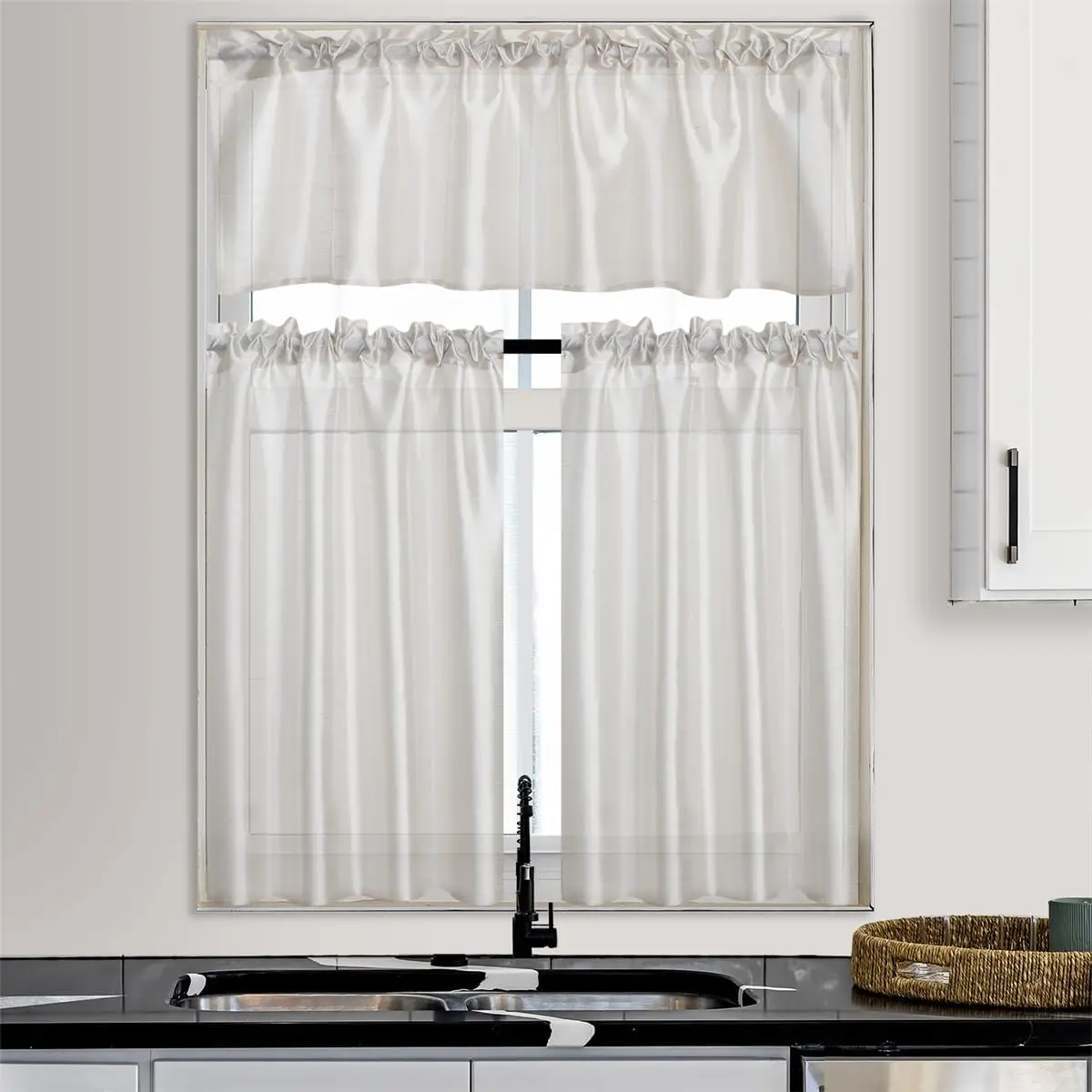 3 Panels Gold Rod Pocket Faux Silk Sheer Curtains 2 Tiers 26x36 inch Each and 1 Valance 52x14 inch for Kitchen Bathroom