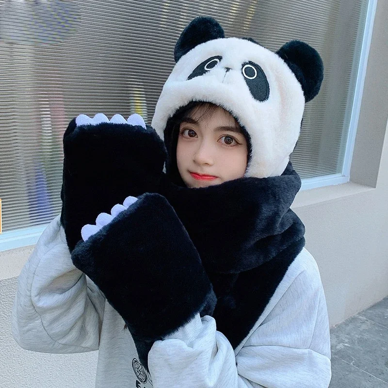 New Cute Panda Plush Hat Female Winter Outdoor One-piece Hat Middle School Student Warm Hat Scarf Gloves Bonnets for Women