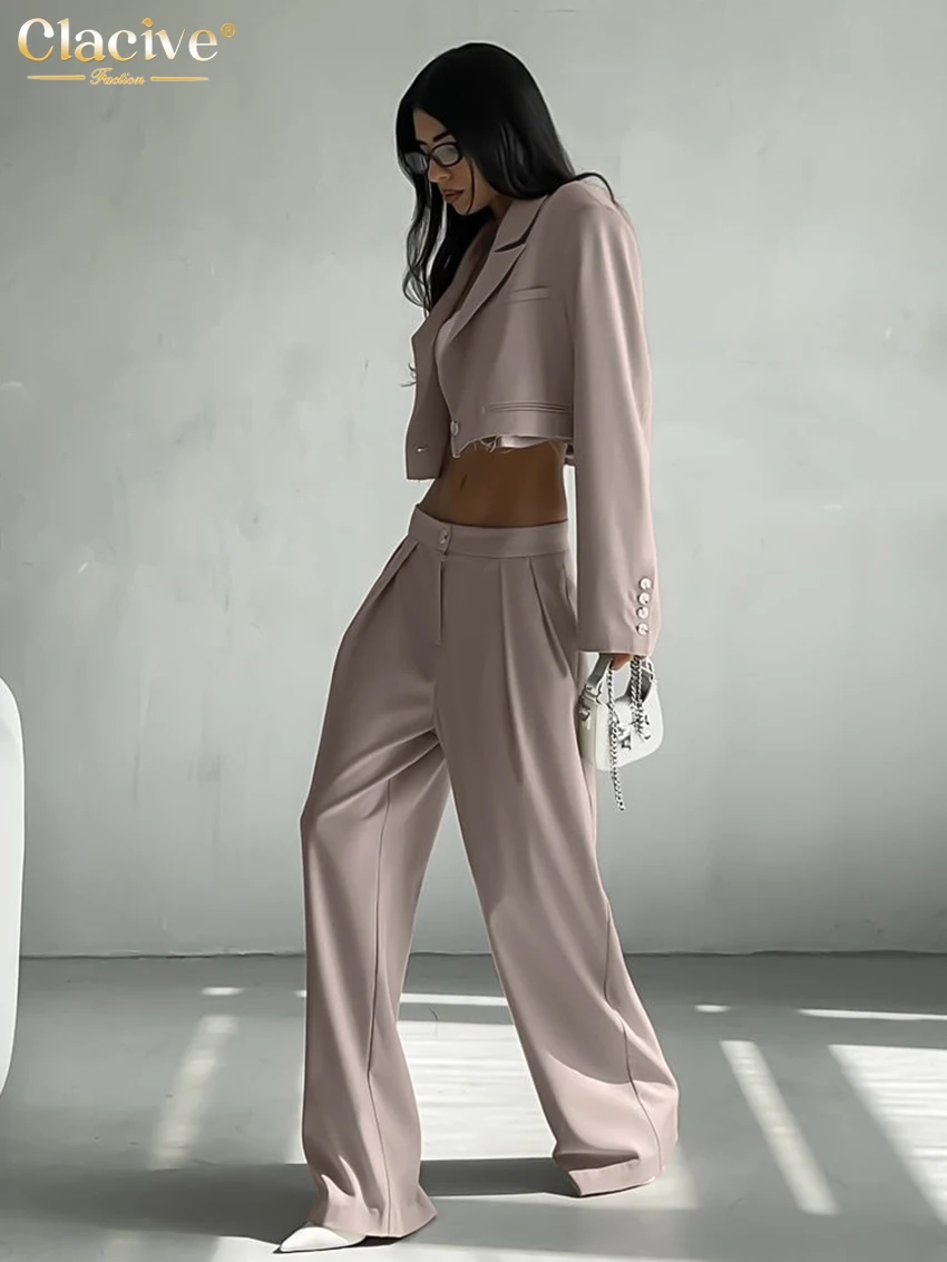 Clacive Fashion Loose Khaki Trousers Sets For Women 2 Pieces Elegant Long Sleeve Crop Top With Mid Waist Wide Pants Set Female