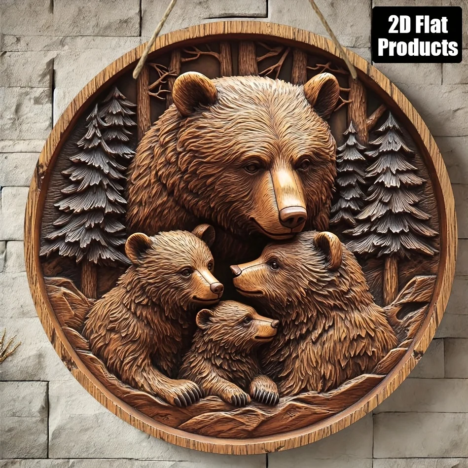 2D Flat, 1pc, round wooden board decorative painting sign plaque, The Bear FamilyTheme, suitable for bar kitchen cafe family roo