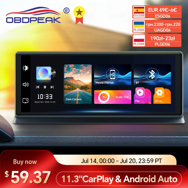 

K2 Pro 11.3" Dash Cam 4K 2160P Car DVR Recording Carplay & Android Auto Wireless Connection 5G WiFi GPS Navigation Dashboard