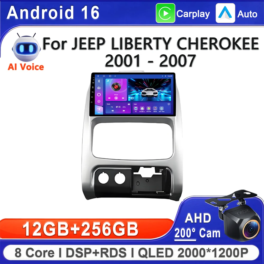 Android 16 In-Cell Screen Stereo Head Unit For JEEP LIBERTY CHEROKEE 2001 - 2007 Plug and Play GPS Navigation HDR Dash Cam wifi