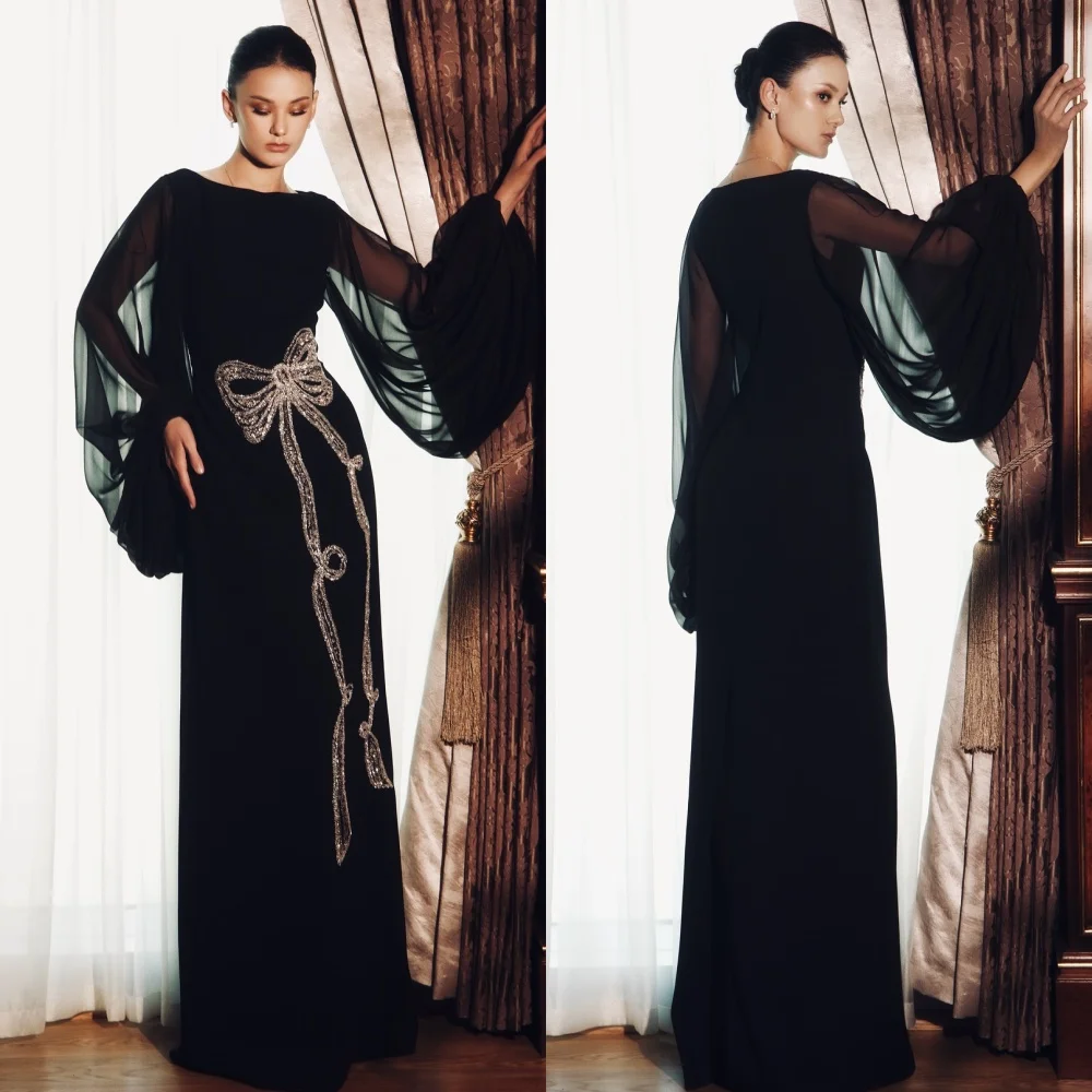 

Customized Matching Intricate Chiffon Pleat Bow Beading Sequined Straight Scoop Neck Long Dresses Bespoke Occasion Dresses Sexy