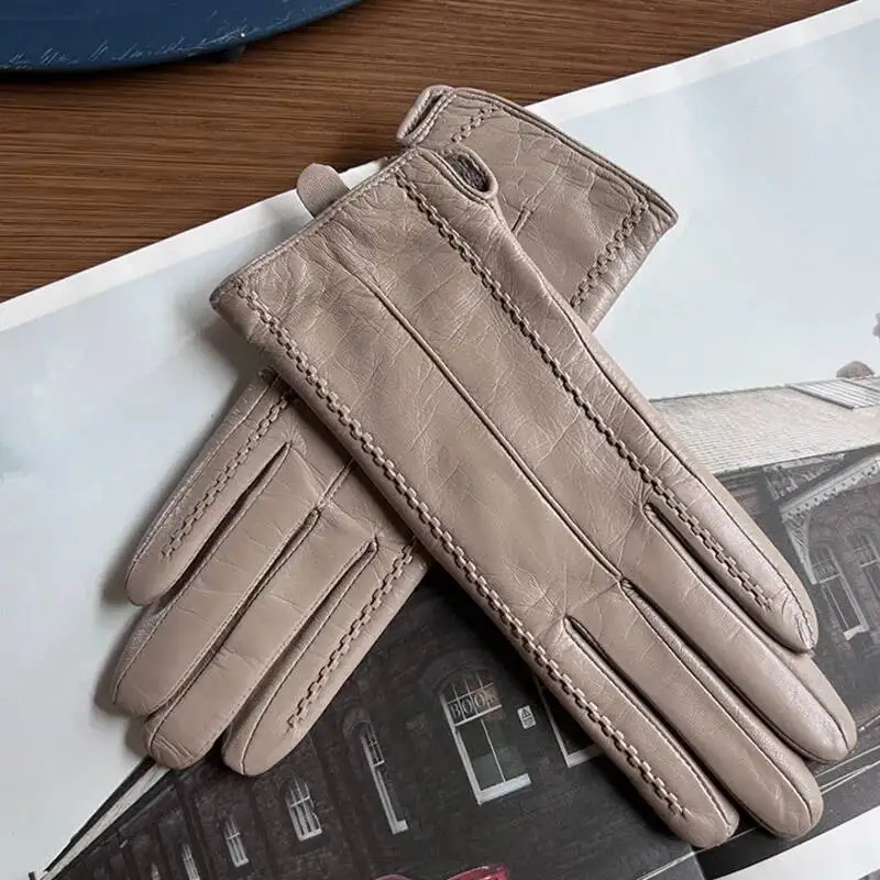 Genuine Sheepskin Leather Gloves For Women Winter Touch Screen Warmth Plush Silk Lining Gloves Outdoor Driving Cycling Gloves