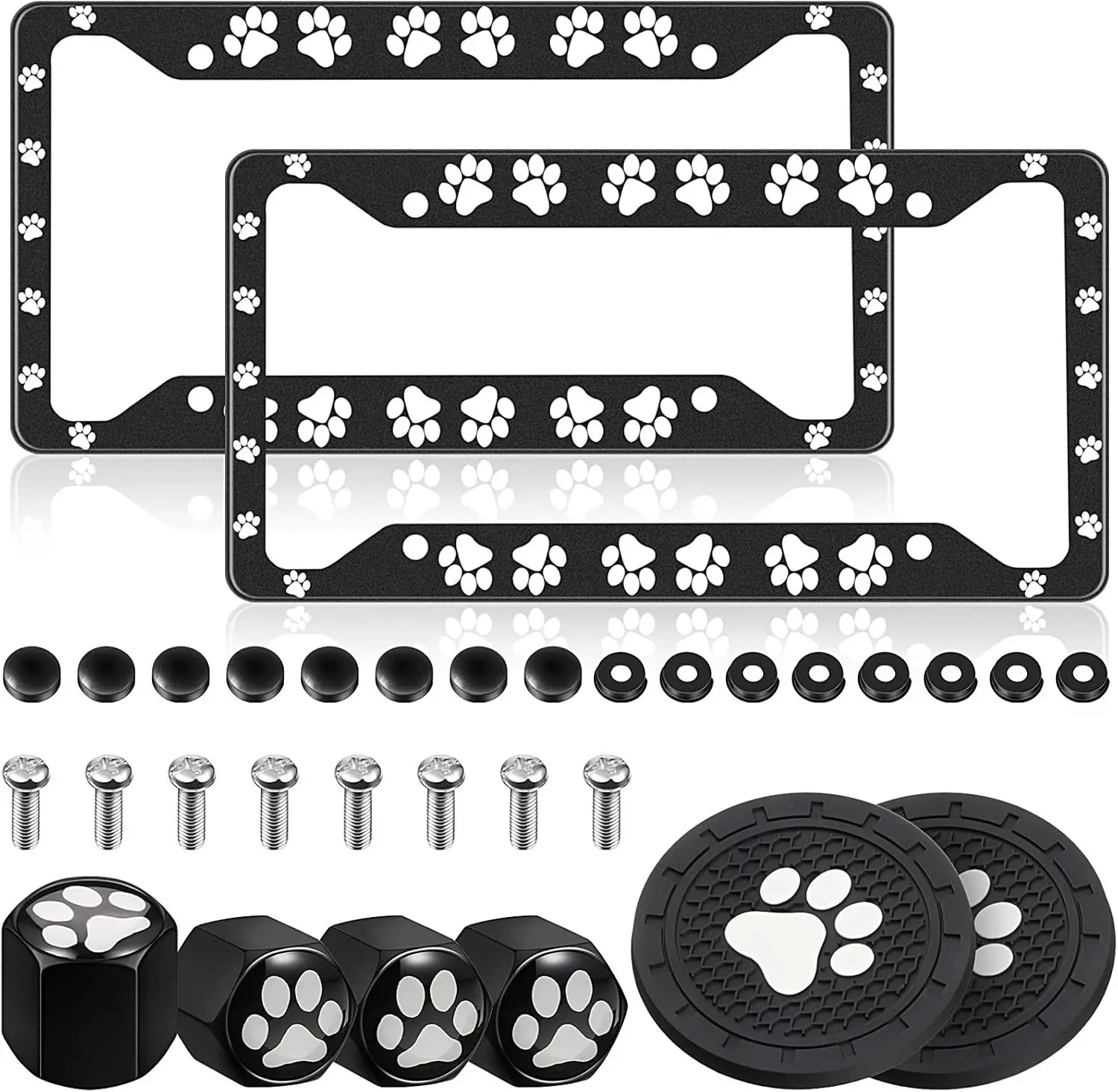 

2-Piece Dog Paw Print License Plate Frames with 4 Valve Caps and Paw Mat, Aluminum Alloy Cover for Cats
