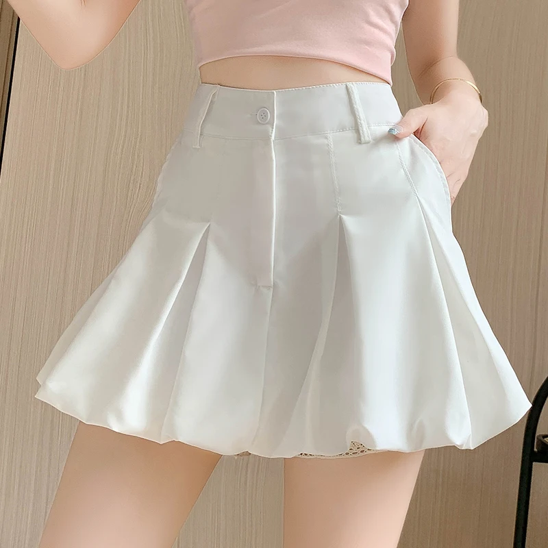 

QOERLIN Bub Skirts Summer Black White Elastic High Waist Skorts Korean Fashion Sexy Short Mini Skirts with Shorts Culottes S-XL