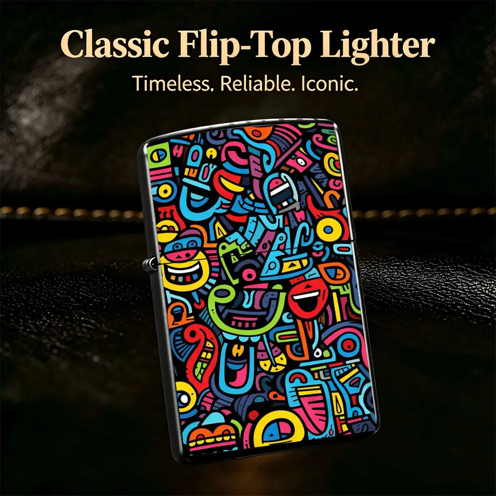 Pocket Lighter, Flip-Open Windproof Design, Colorful Geometric Pattern Print Metal Case, Comfortable Grip, Durable & Reliable