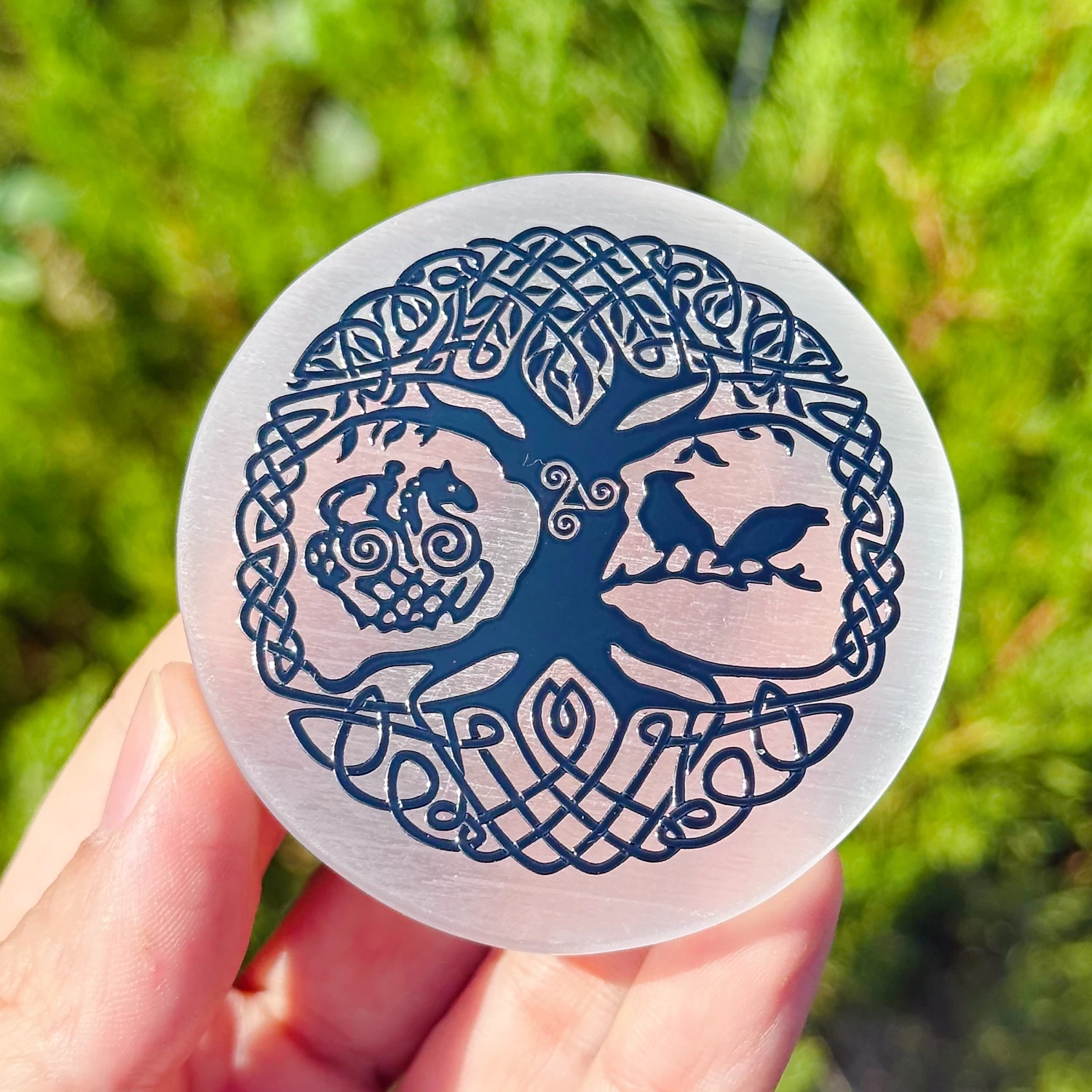 Natural Selenite Round Charging Plate Engraved Yggdrasil Tree of Life Raven Celtic Knot Symbol Satin Spar Crystal Disc Gift