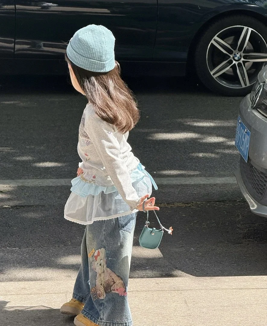 

Комплект одежды для девочек, круглая футболка Ne Long Sve и джинсы с прямыми штанинами, осенняя коллекция с мультяшным принтом для детской одежды