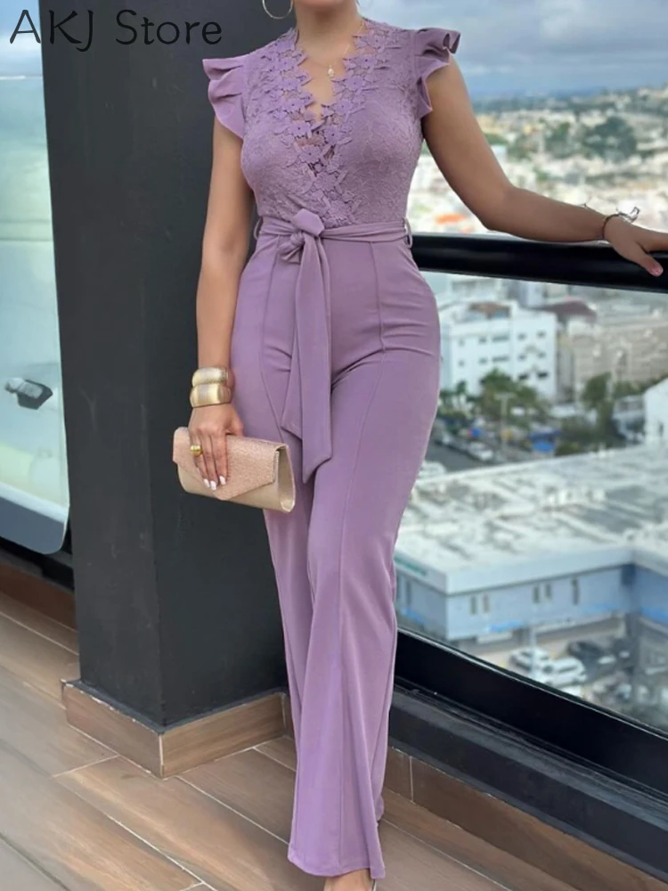 V-Neck Ruffle Sleeve Lace Zipper Back Jumpsuit Front Bow Tie Waist Slim Fit Jumpsuit