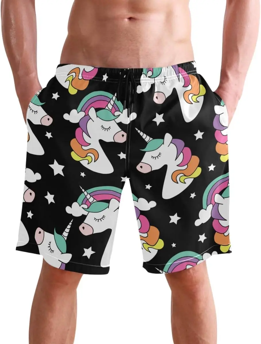 Rainbow Unicorn Men's Summer Beach Shorts Swim Trunks Sports Running Bathing Suits with Mesh Lining Men Clothing