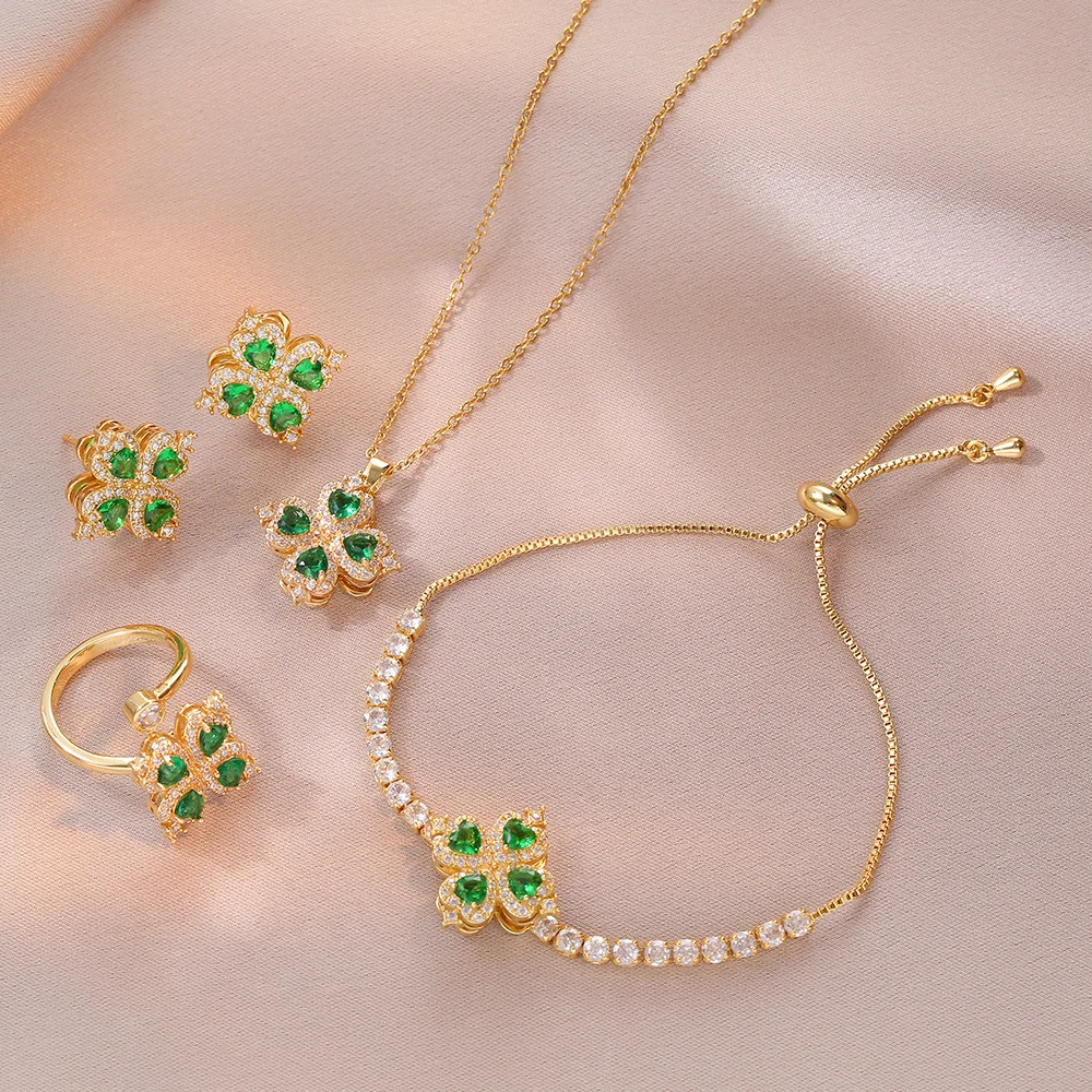 

Sweet Rotating Flower Green Zircon Pendant Necklace Ring Set for Women Girls Stainless Steel Chain Party Accessories Jewelry
