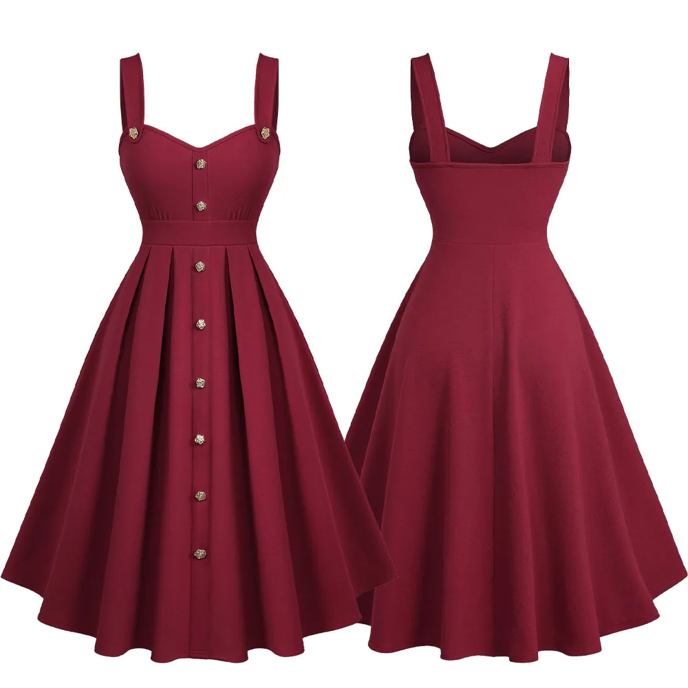 Plus Size Vintage Swing Dresses Women 1950s Hepburn Style Red Wine Button Front A Line Midi Dress Elegant Party Evening Gown