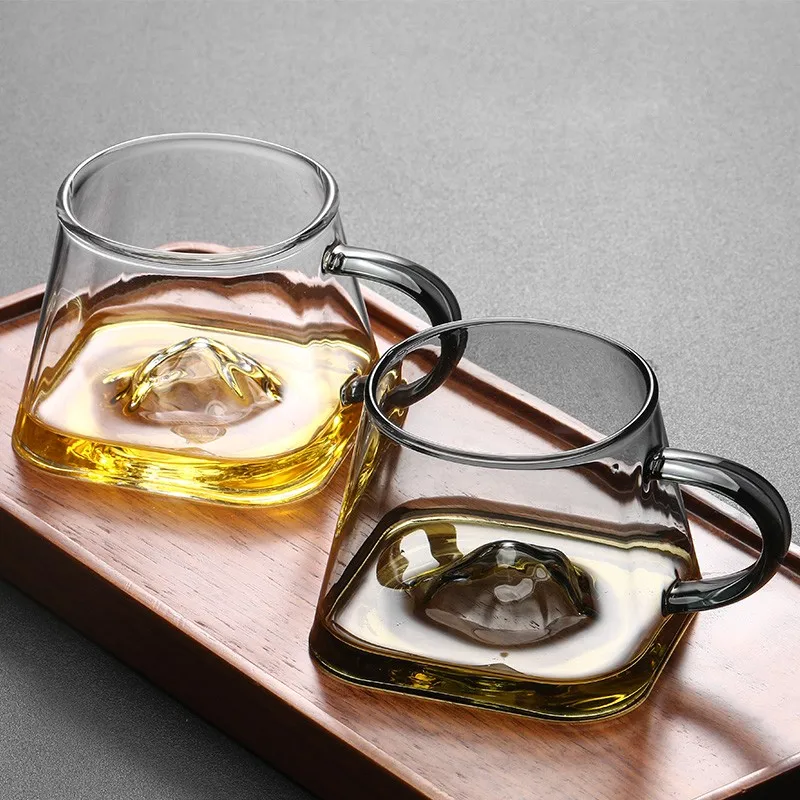 240ml 3D Mountains Heat Resistant Glass Tea Cup with Handle Water Milk Coffee Cups Home Office Kung Fu Tea Set Drinkware