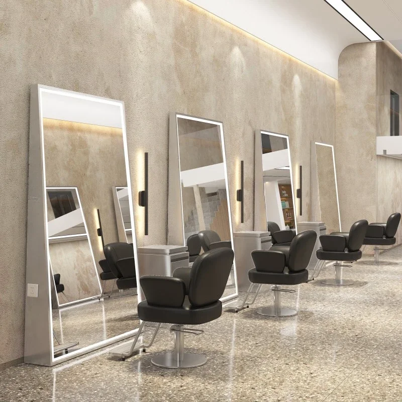 High-end barber shop mirror floor lamp stainless steel hair perm and dye mirror hair salon mirror.