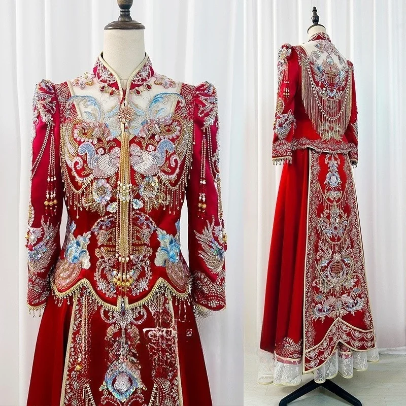 Red satin wedding attire Chinese-style dress toasting and for women