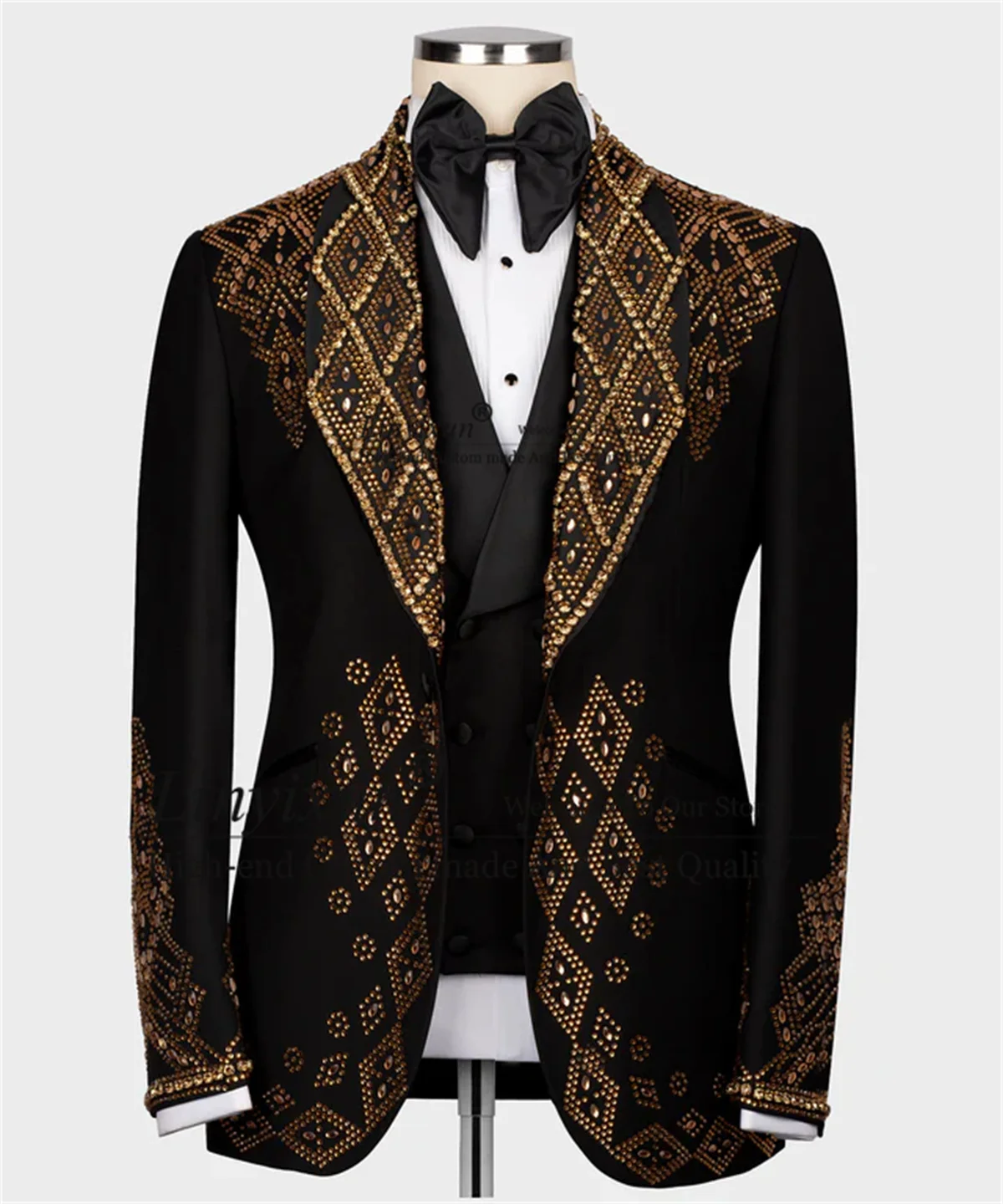 Sparkly Gold Crystals Beaded Men Suit Customized Wedding Groom Tuxedos 3 Pieces Sets Male Prom Blazers Slim Fit Costume Homme