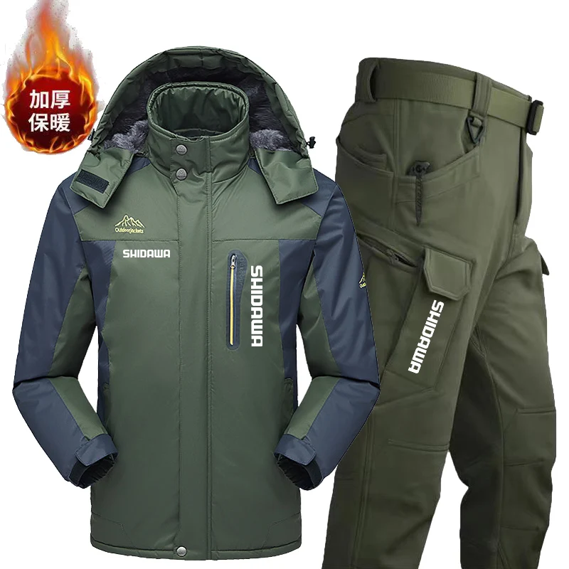 Brand Men Winter Plus Velvet Thicken Fishing Suits, Outdoor Windproof Warm Hooded Jacket, Waterproof Tactical Pants, Ski Clothes