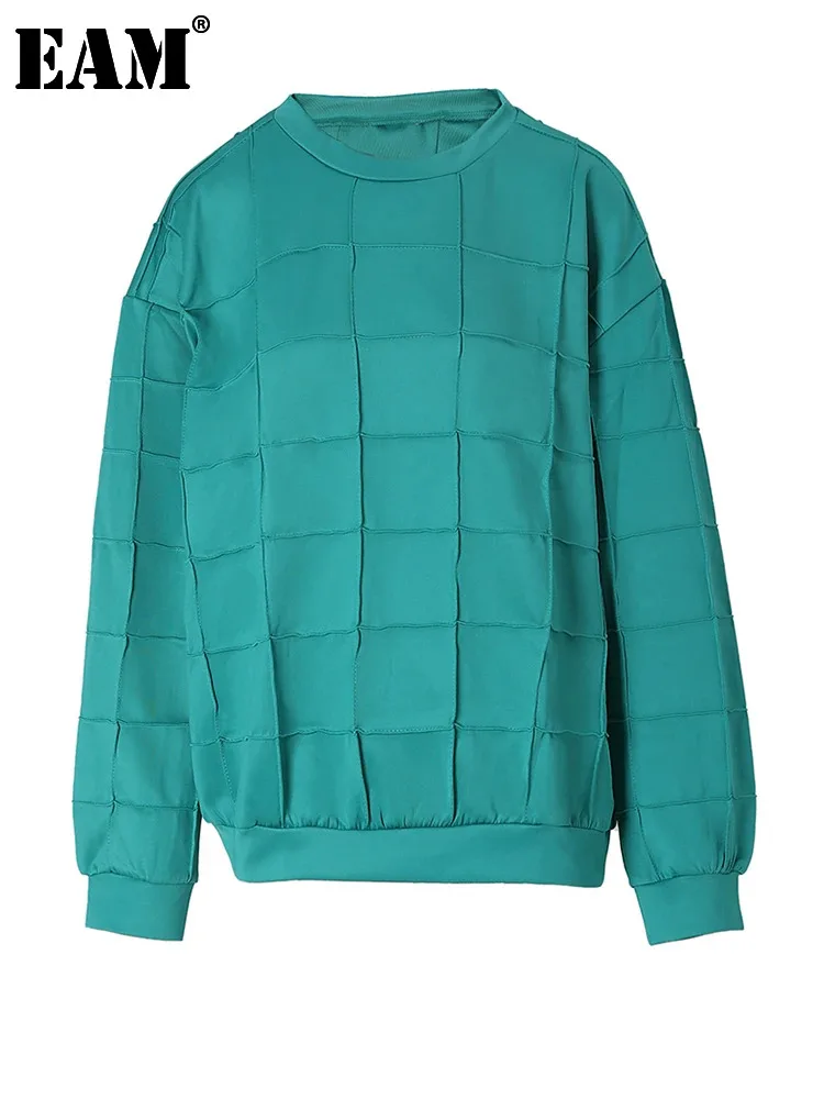 

[EAM] Loose Fit Green Shaped Sweatshirt New Round Neck Long Sleeve Women Big Size Fashion Tide Spring Autumn 2024 1DF30420